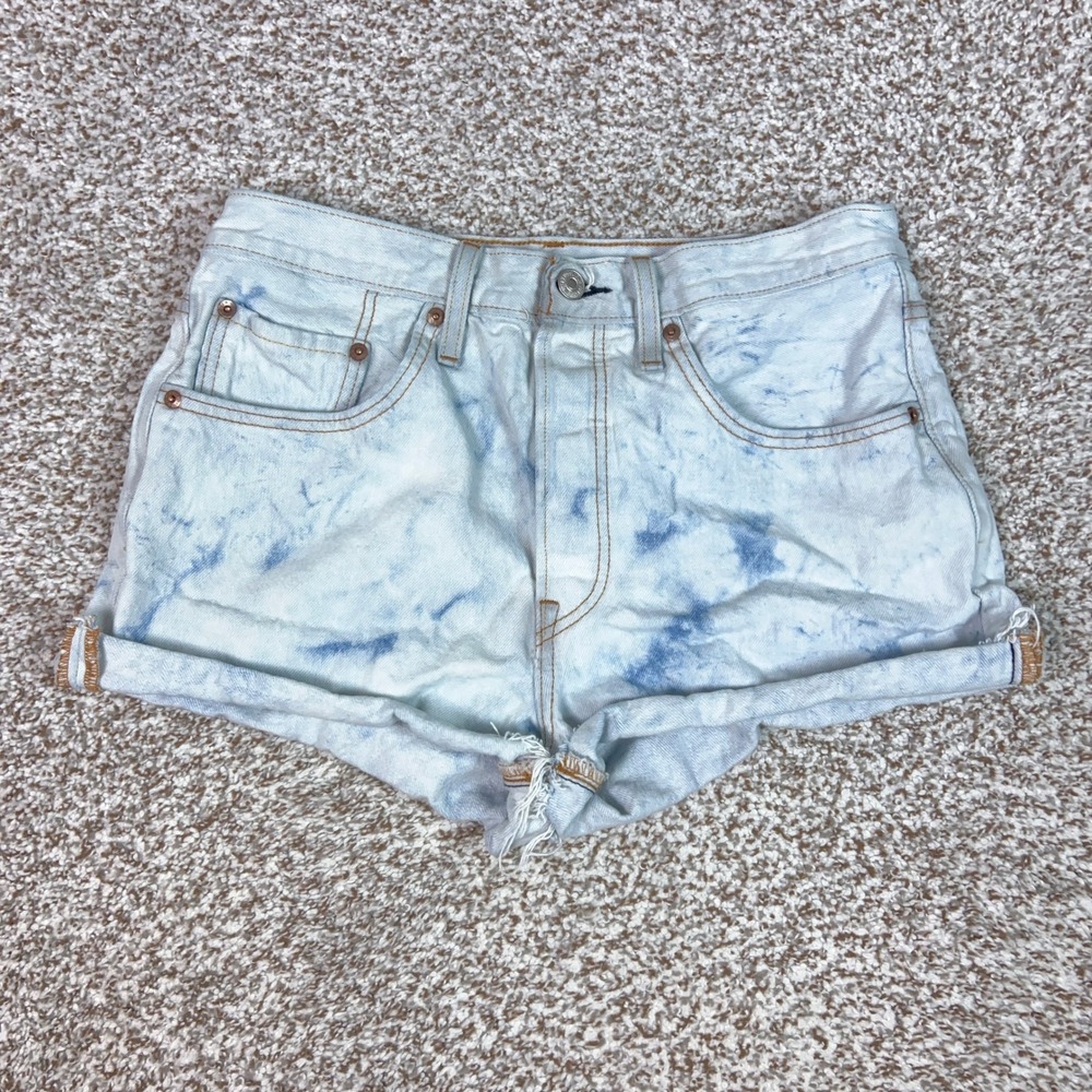 Levis 501 Shorts Womens 30 Blue White Tie Dye Denim Button Fly Distressed Jean